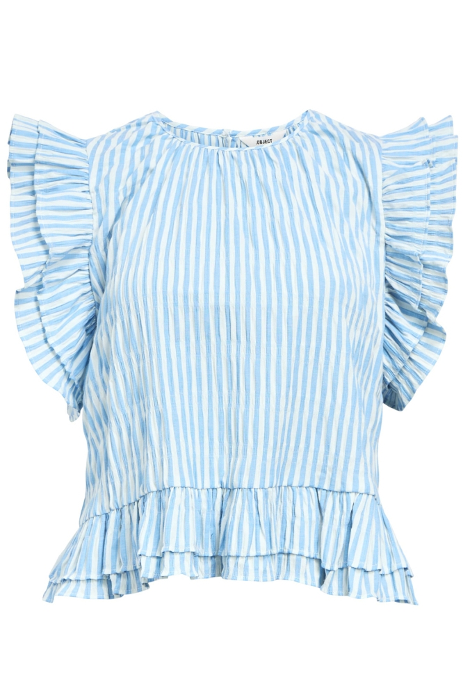 OBJFINE RE S/L O-NECK FRILL TOP 139 23046859 Cornflower Blue/Stripes